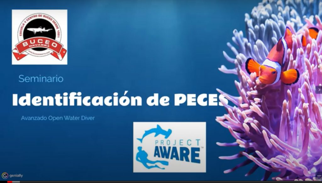 cartel para identificacion de peces + logos de Proyecto Aware y Buceo Navarra
